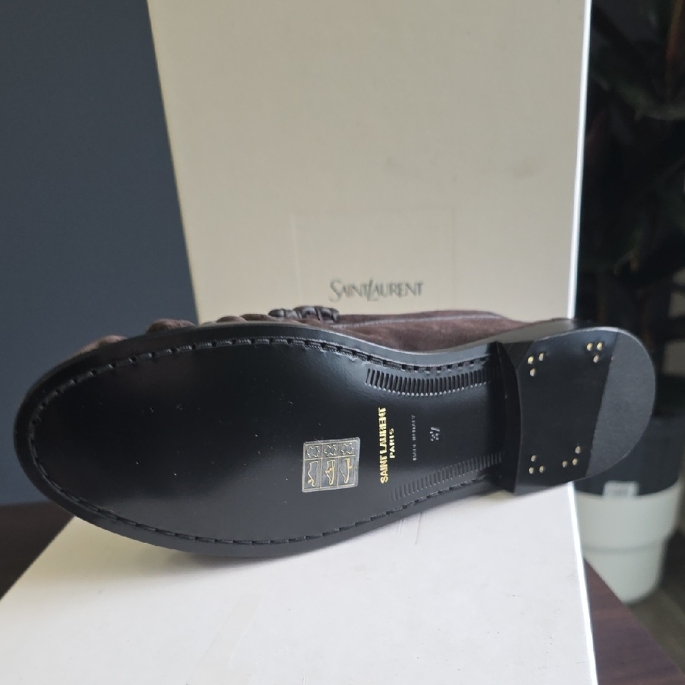 Saint Laurent Brown Suede Penny Loafers with Gold YSL Accent - Picture 12 of 13